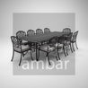 Outdoor dining set with a large table and chairs on a gray background, featuring the brand 'ambar'.